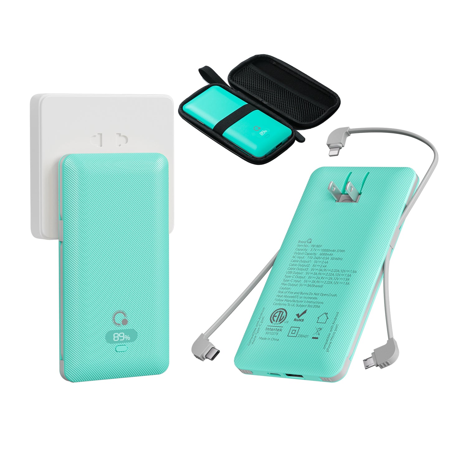 20W Portable battery charger 10000mAh with Built-in 3 Cables and AC outlet,USB C Fast Charging Power Bank with 3 Cords,5 Output External Battery Pack Compatible with iPhone,Tablet and All Smart Phones