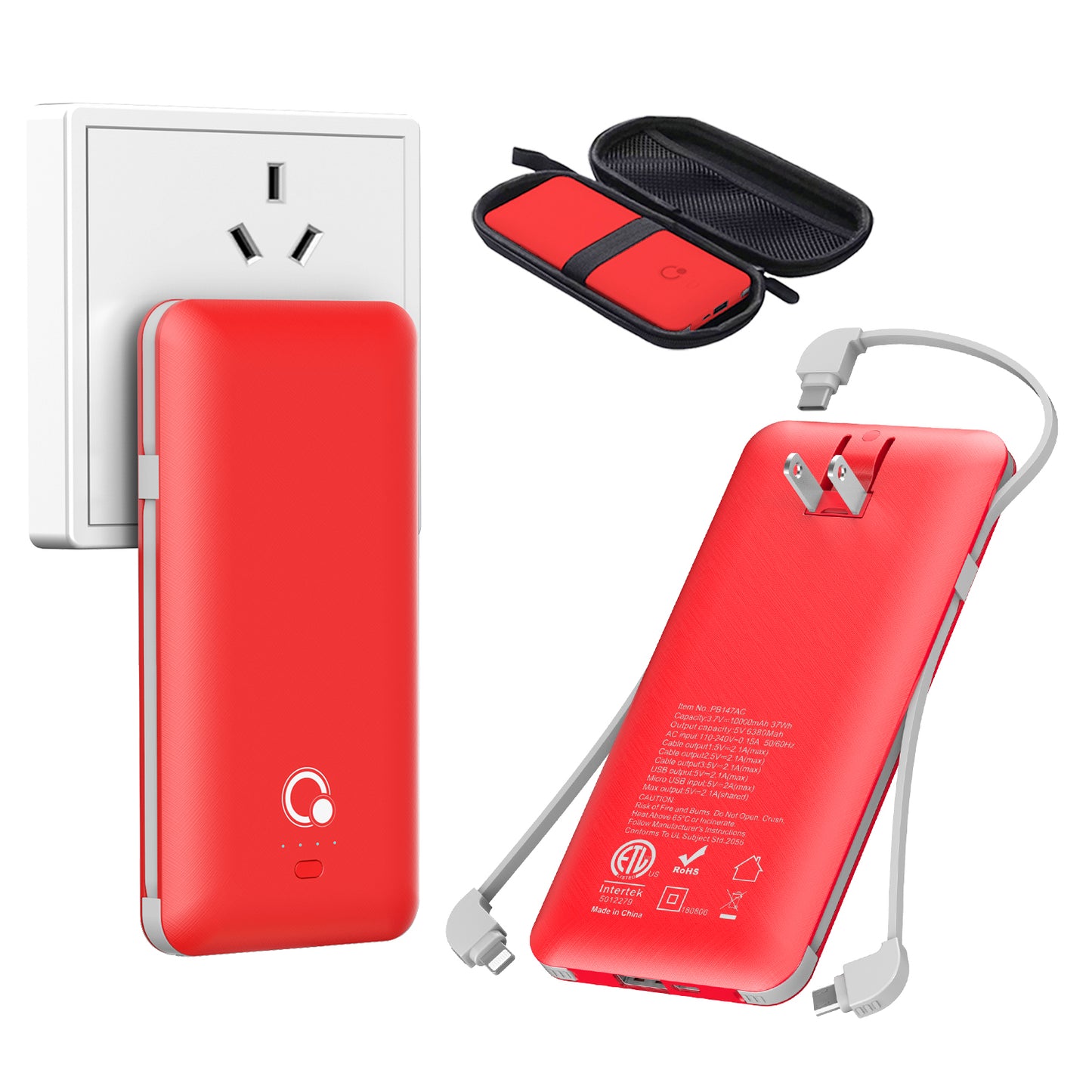 10000mAh Portable Charger, Q Slim Power Bank,4 Output 2 Input External Battery Pack with Built-in AC Wall Plug Micro and USB C Three Cables Compatible with All mobilephone