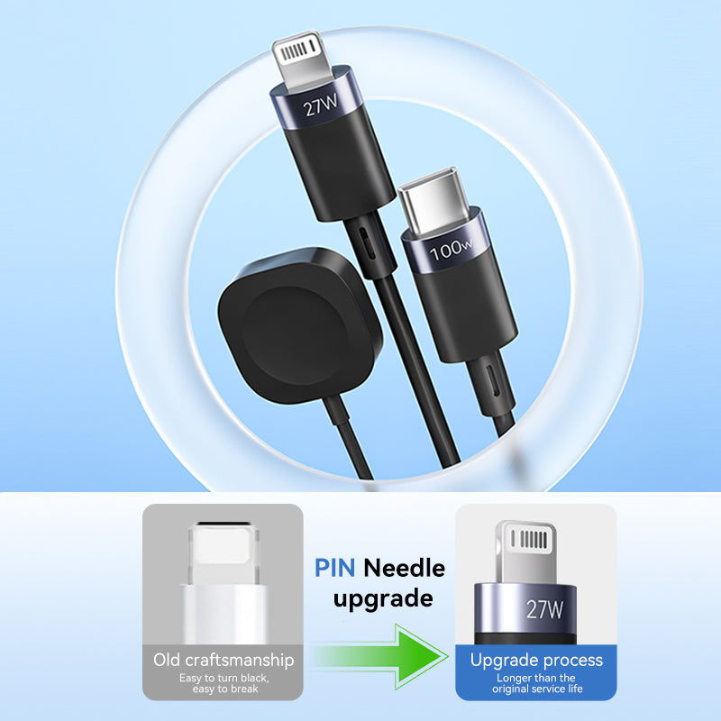 3-in-1 Retractable Multi Charger for Apple Watch - 100W Retractable Charging Cable with Apple Watch Charger, USB-C, Lightning USB cables for iWatch/iPhone 16/15/14/13/12/Android/iPad/Tablet/Laptap
