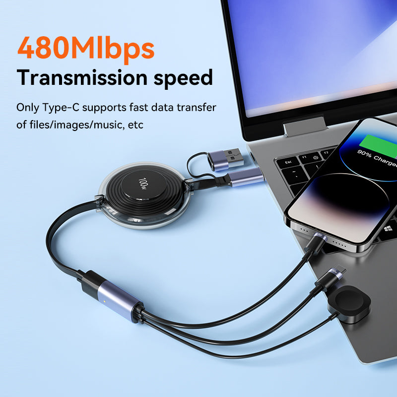 3-in-1 Retractable Multi Charger for Apple Watch - 100W Retractable Charging Cable with Apple Watch Charger, USB-C, Lightning USB cables for iWatch/iPhone 16/15/14/13/12/Android/iPad/Tablet/Laptap