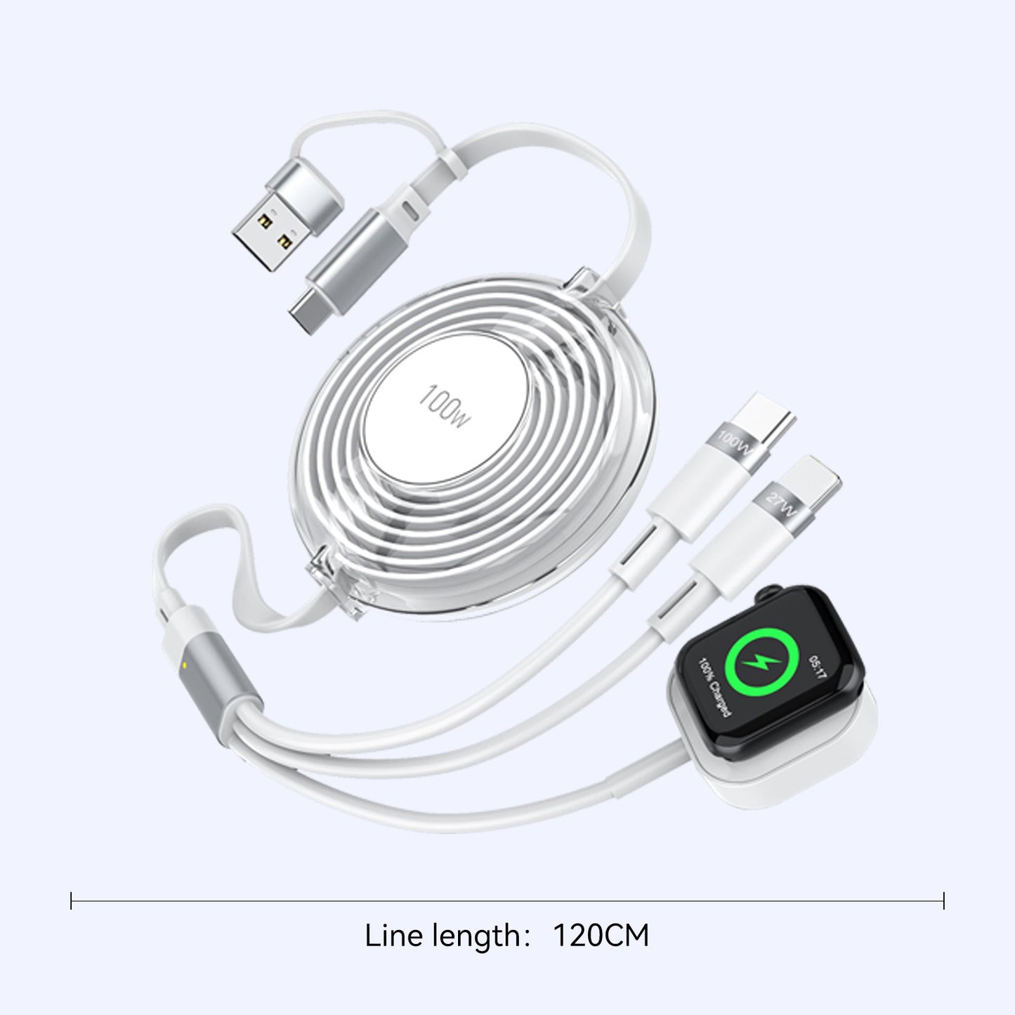 3-in-1 Retractable Multi Charger for Apple Watch - 100W Retractable Charging Cable with Apple Watch Charger, USB-C, Lightning USB cables for iWatch/iPhone 16/15/14/13/12/Android/iPad/Tablet/Laptap (white)