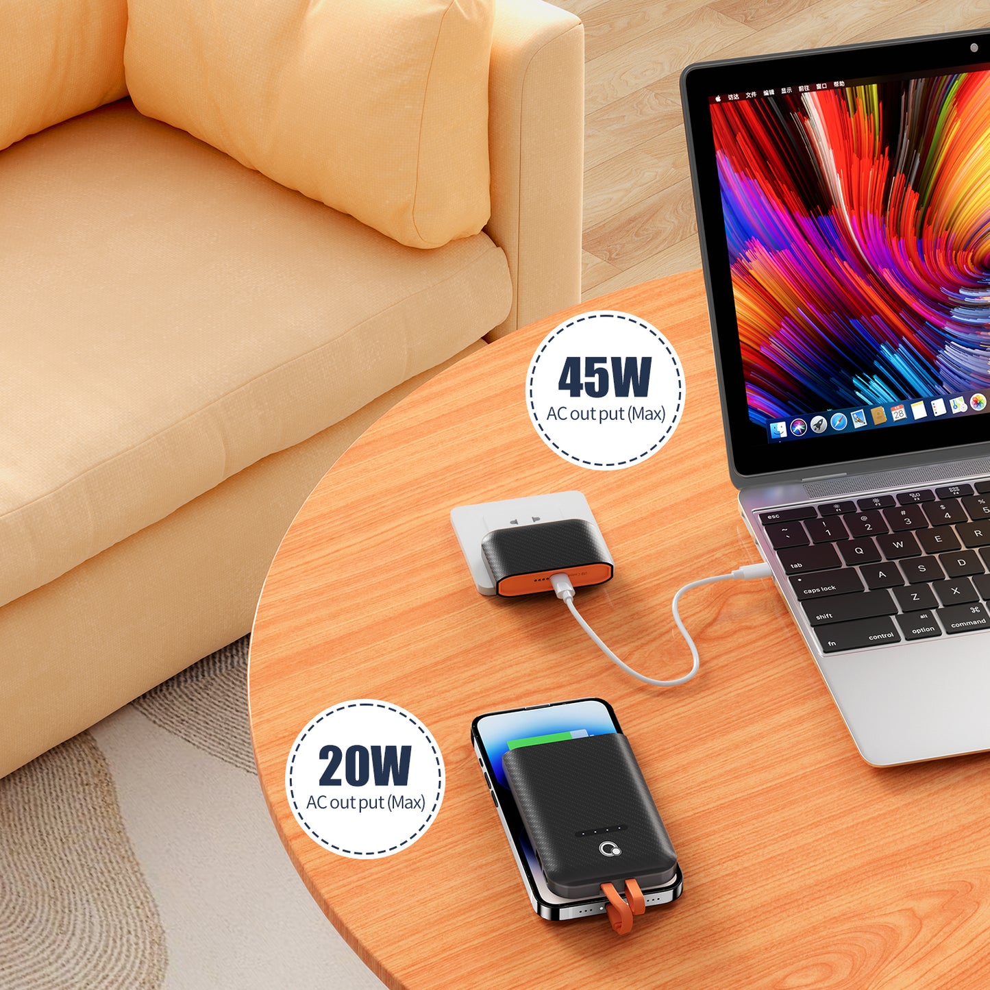 Separate Portable Charger with Built-in Cables and 45W AC Wall Plug, Usb C Fast Charging Power Bank with Cords,10000mAh External Battery Pack Compatible with iPhone Android Phone Laptop tablet