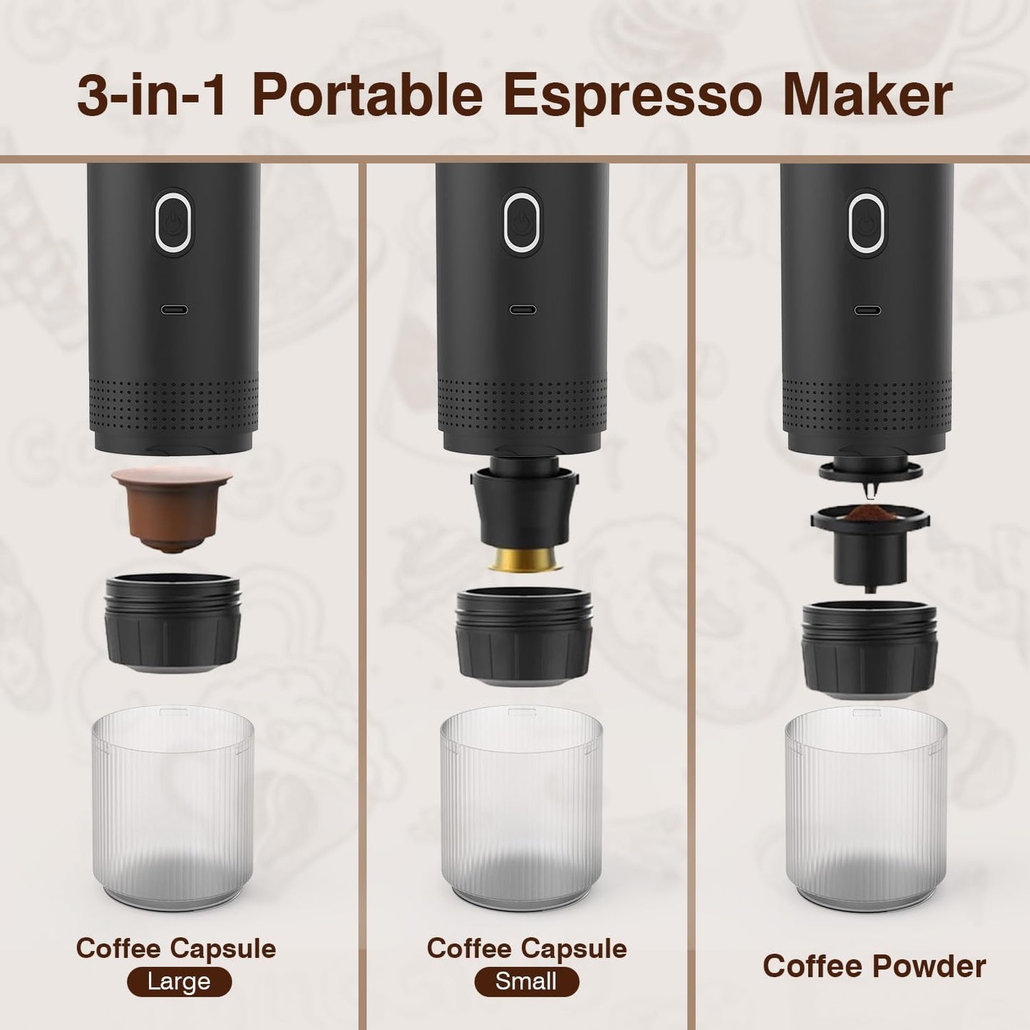 Q 3 in1 Portable Espresso Machine,Mini Travel Coffee Maker Rechargeable USB C Port,20Bar Self-Heating Ground&Capsule with Small Tea Cup for Car,Office,Camping,RV