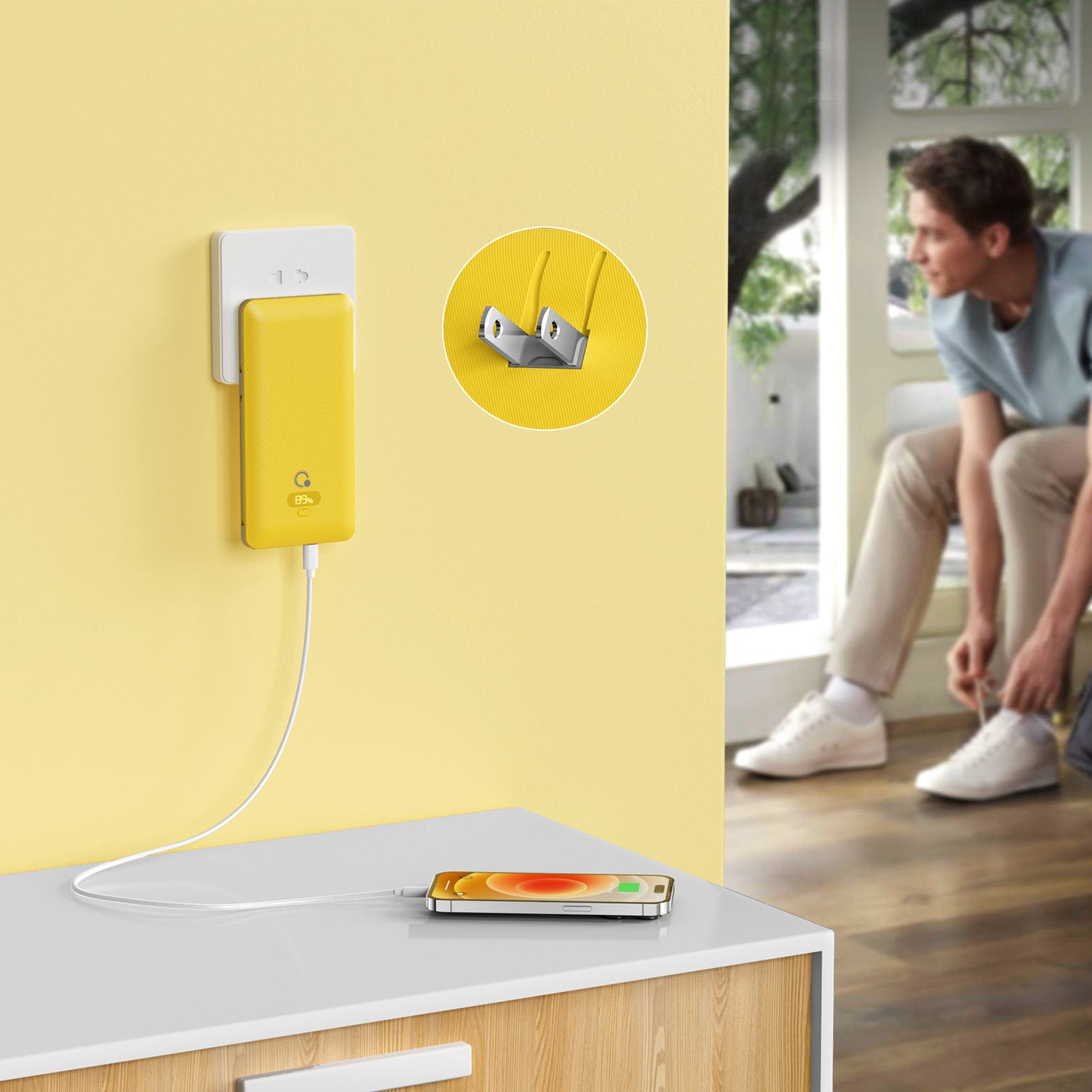 10000mAh 20W Portable Charger with Built-in Cables and AC Wall Plug, USB C Fast Charging Power Bank with 3 Cords,5 Output External Battery Pack Compatible with iPhone,Tablet and All Smart Phones Yellow