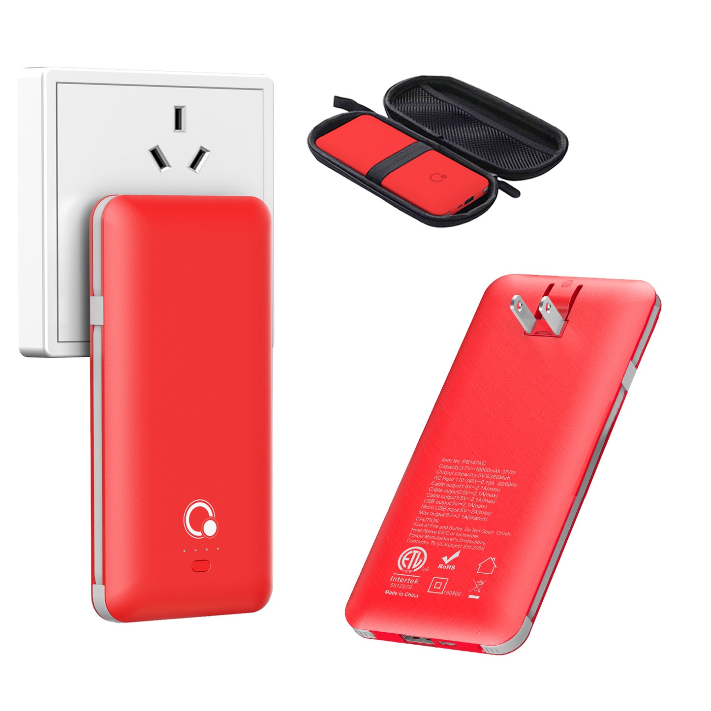 10000mAh Portable Charger, Q Slim Power Bank,4 Output 2 Input External Battery Pack with Built-in AC Wall Plug Micro and USB C Three Cables Compatible with All mobilephone