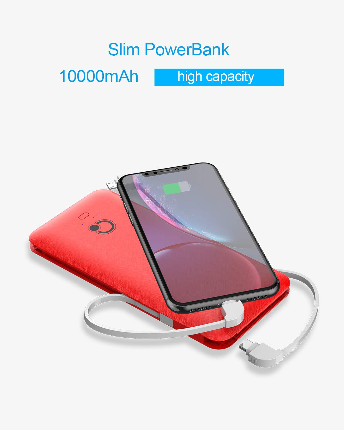 10000mAh Portable Charger, Q Slim Power Bank,4 Output 2 Input External Battery Pack with Built-in AC Wall Plug Micro and USB C Three Cables Compatible with All mobilephone