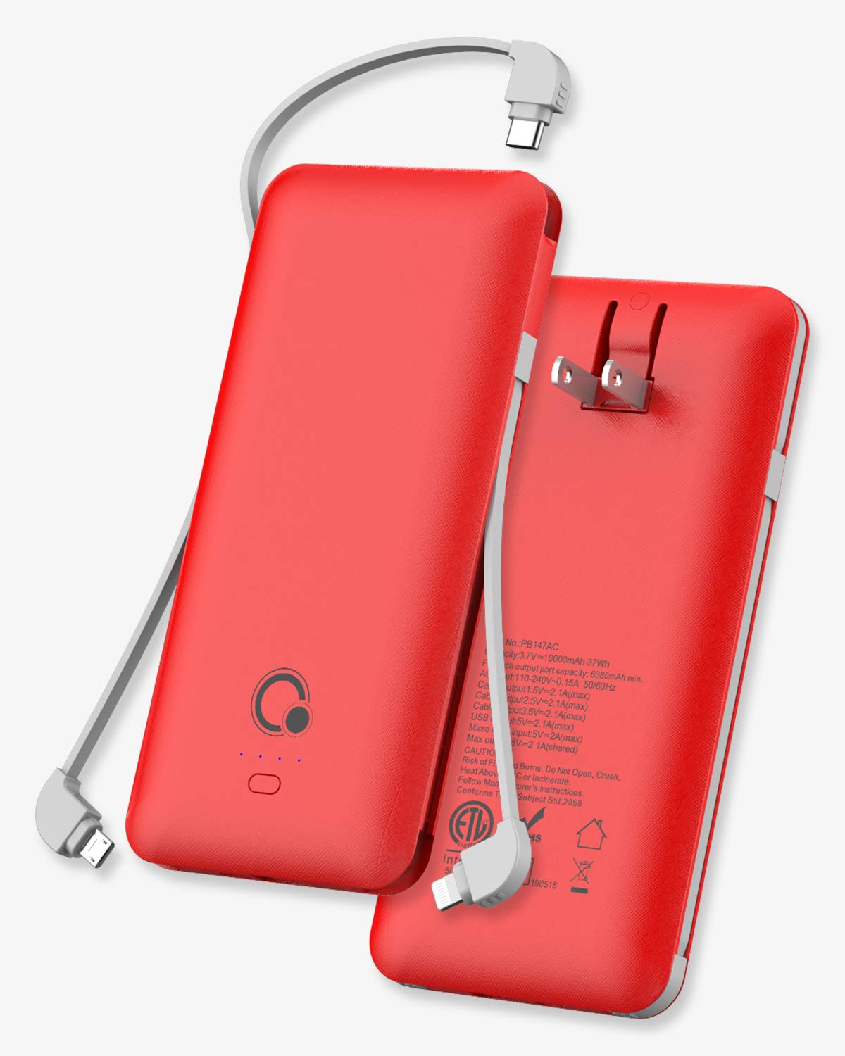 10000mAh Portable Charger, Q Slim Power Bank,4 Output 2 Input External Battery Pack with Built-in AC Wall Plug Micro and USB C Three Cables Compatible with All mobilephone