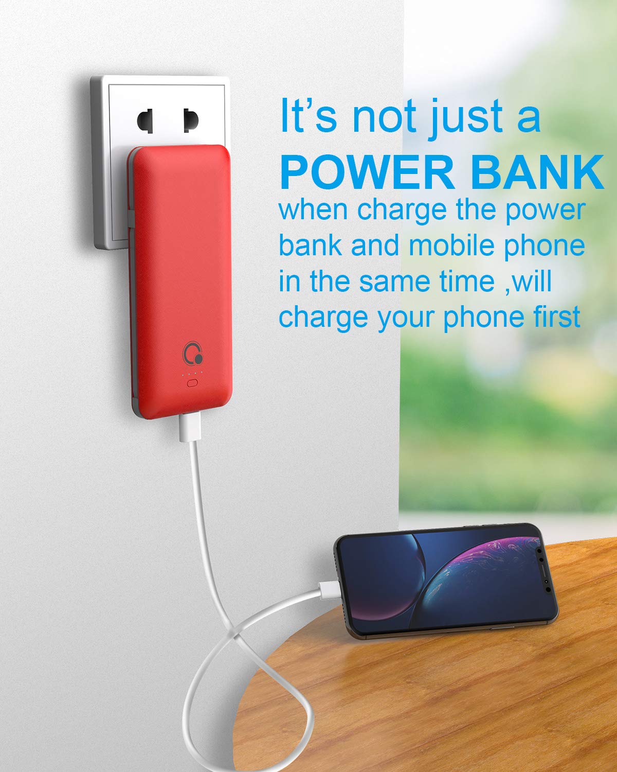 10000mAh Portable Charger, Q Slim Power Bank,4 Output 2 Input External Battery Pack with Built-in AC Wall Plug Micro and USB C Three Cables Compatible with All mobilephone