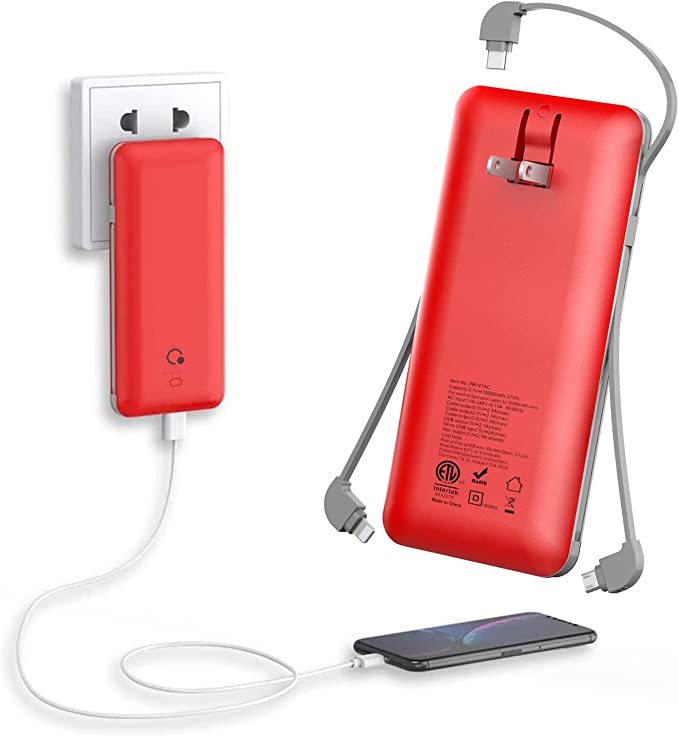 10000mAh Portable Charger, Q Slim Power Bank,4 Output 2 Input External Battery Pack with Built-in AC Wall Plug Micro and USB C Three Cables Compatible with All mobilephone