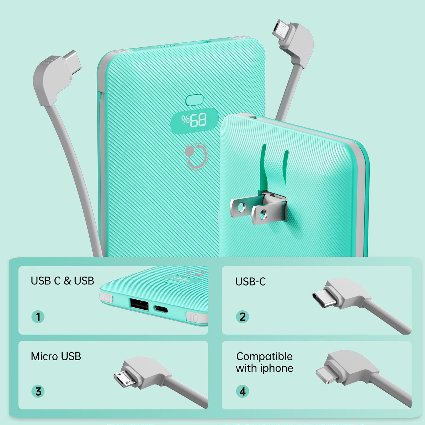 20W Portable battery charger 10000mAh with Built-in 3 Cables and AC outlet,USB C Fast Charging Power Bank with 3 Cords,5 Output External Battery Pack Compatible with iPhone,Tablet and All Smart Phones