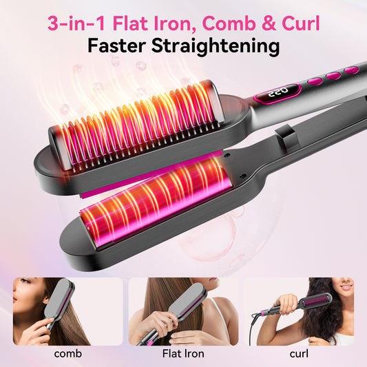 2-in-1 Hair Straightener Brush & Curling Iron with Ceramic Comb | 30s Fast Heat, 5 Temp Settings | Anti-Frizz & Scalp Protection for all hair