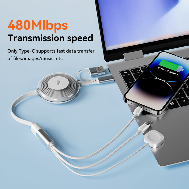 3-in-1 Retractable Multi Charger for Apple Watch - 100W Retractable Charging Cable with Apple Watch Charger, USB-C, Lightning USB cables for iWatch/iPhone 16/15/14/13/12/Android/iPad/Tablet/Laptap (white)