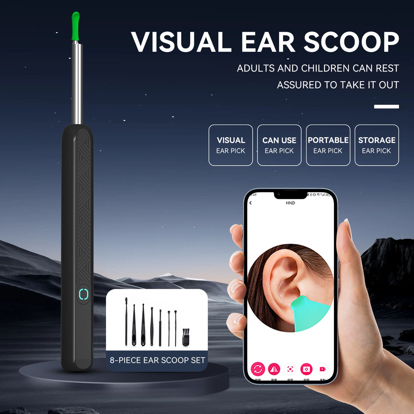 Visual Ear Pick with HD Camera & LED Light Safe ear-cleaning tool featuring built-in camera, real-time viewing via app/screen, soft silicone tip, and adjustable LED. Perfect for precise, gentle cleaning. Family-friendly design.