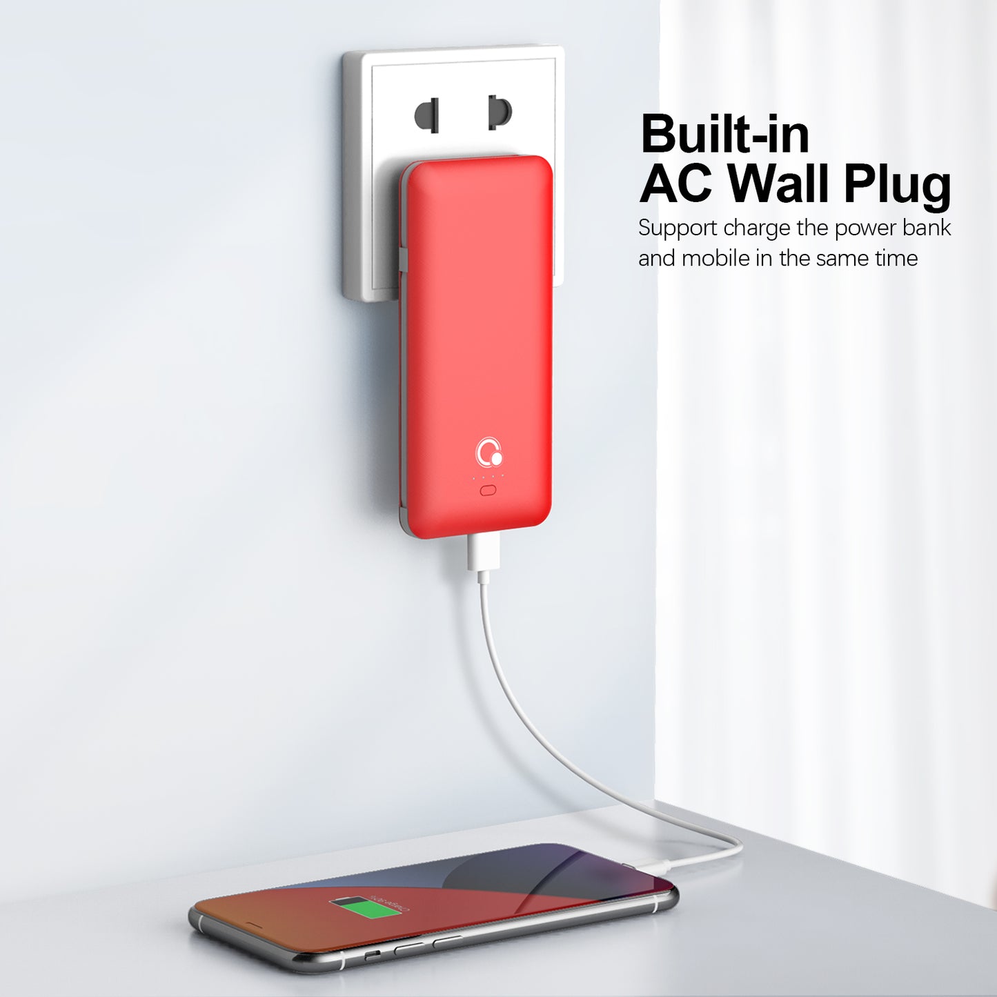 10000mAh Portable Charger,  Q Slim Power Bank,4 Output  2 Input External Battery Pack with Built-in AC Wall Plug Micro and USB C Three Cables Compatible with All mobilephone