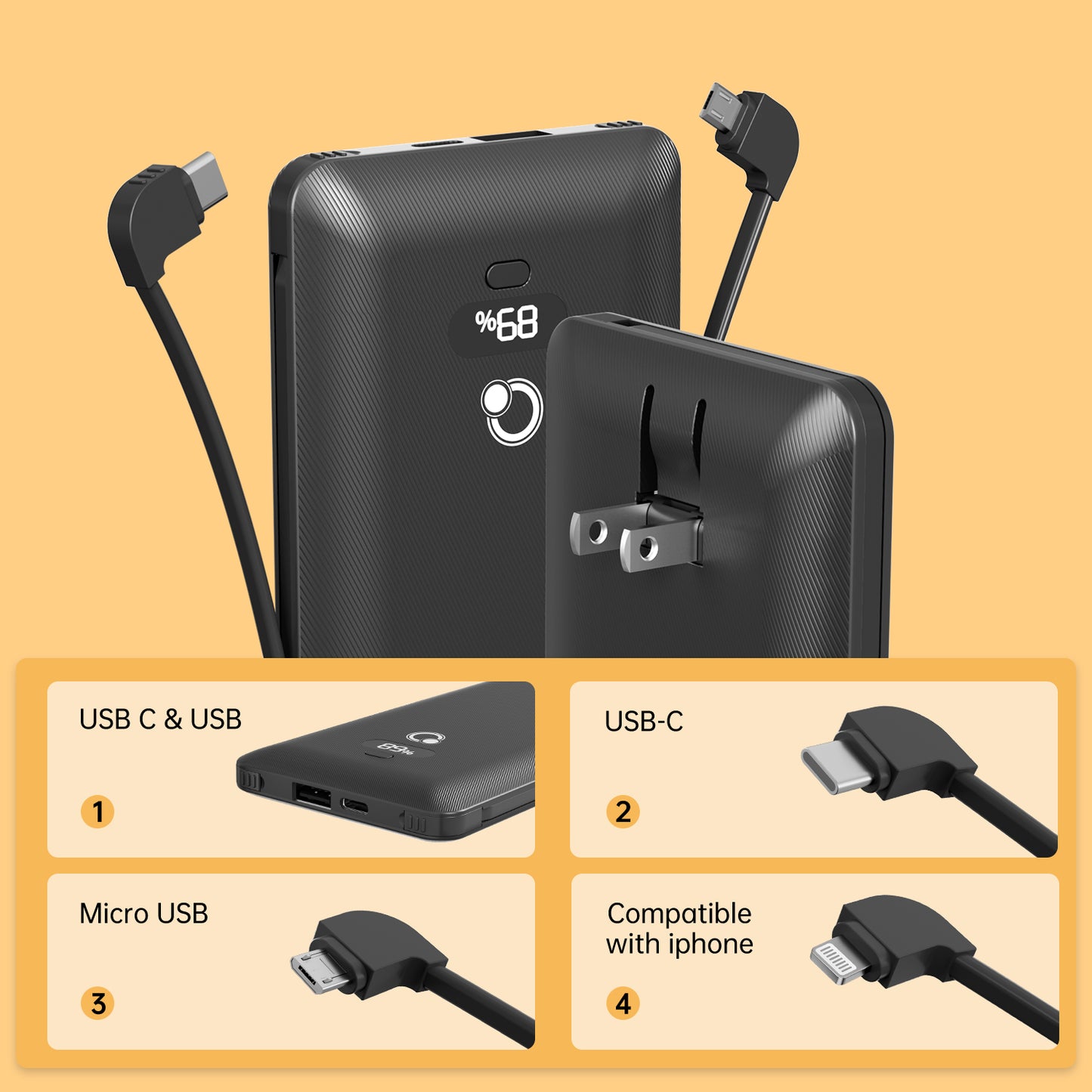 USB C fast charging 20W 10000mAh Portable Power bank Charger with Built-in Cables and AC outlet, USB C Fast Charging Power Bank with 3 Cords for iPhone,Tablet,Smart Phones
