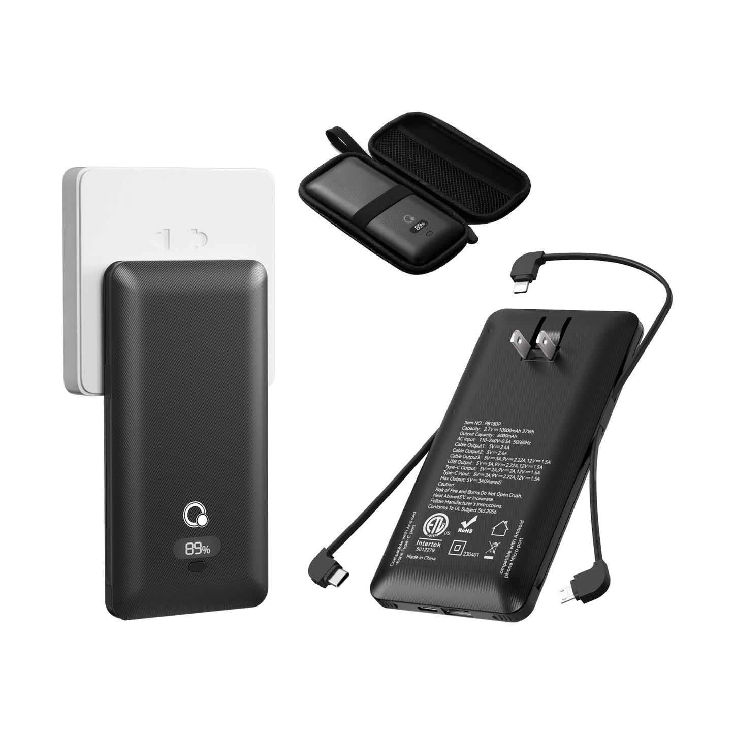 USB C fast charging 20W 10000mAh Portable Power bank Charger with Built-in Cables and AC outlet, USB C Fast Charging Power Bank with 3 Cords for iPhone,Tablet,Smart Phones