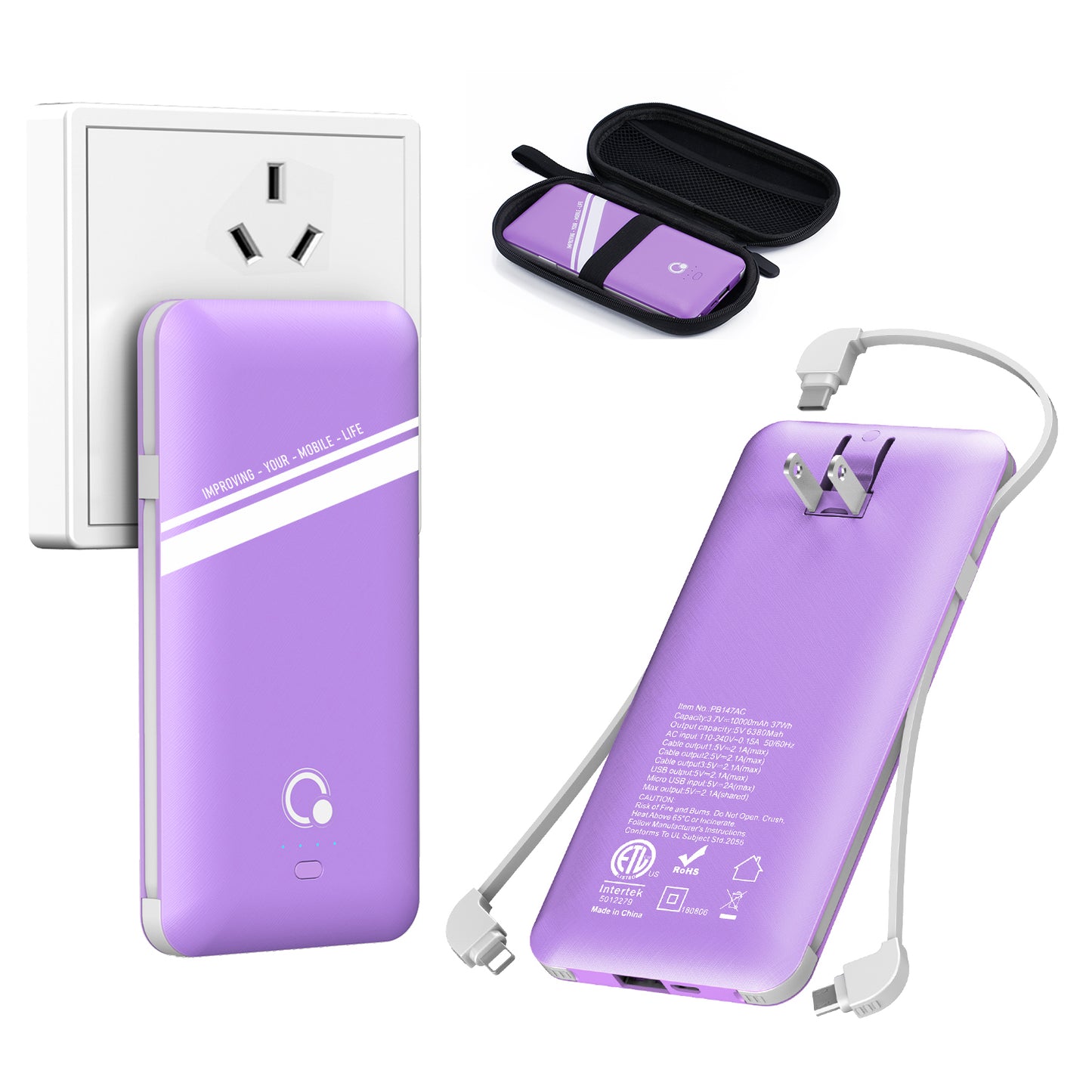 10000mAh Power Bank, Q Slim Portable Charger,4 Output External Battery Pack with Built-in AC Wall Plug Micro USB C Three Cables Compatible with Different Kinds of Mobilephone (Purple)