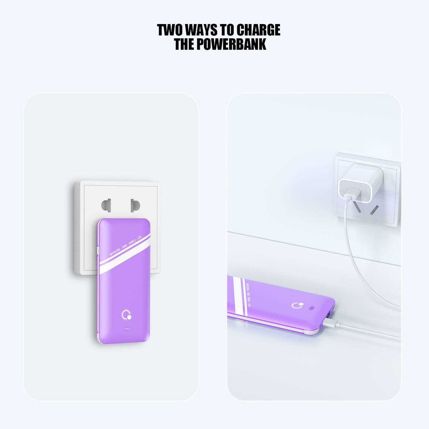 10000mAh Power Bank, Q Slim Portable Charger,4 Output External Battery Pack with Built-in AC Wall Plug Micro USB C Three Cables Compatible with Different Kinds of Mobilephone (Purple)