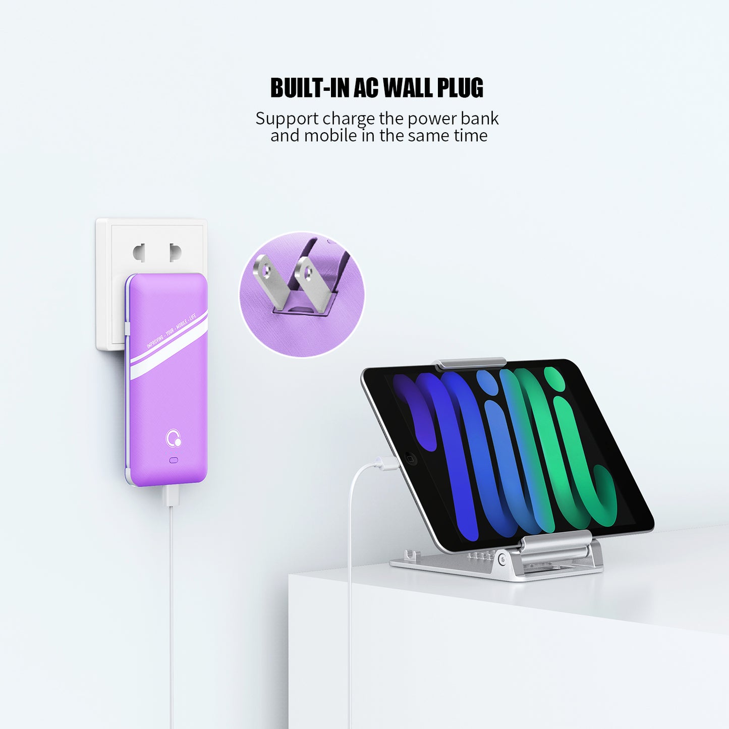 10000mAh Power Bank, Q Slim Portable Charger,4 Output External Battery Pack with Built-in AC Wall Plug Micro USB C Three Cables Compatible with Different Kinds of Mobilephone (Purple)