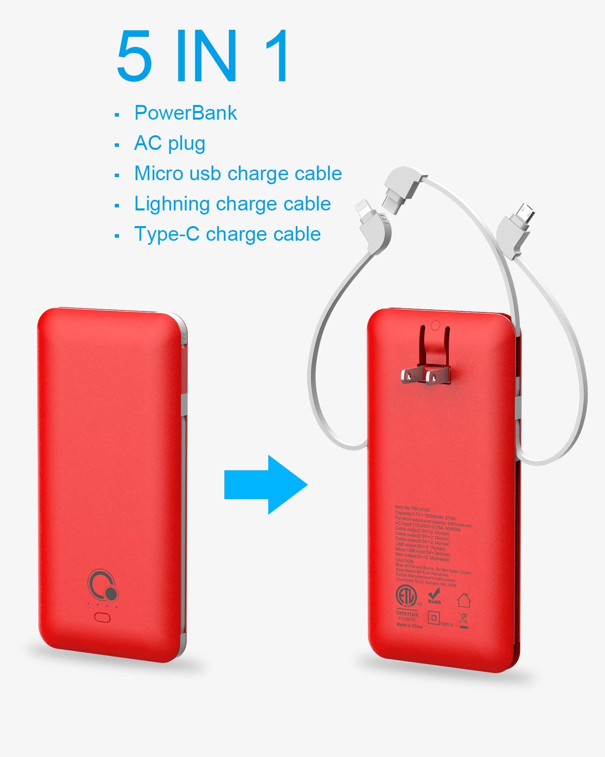 10000mAh Portable Charger,  Q Slim Power Bank,4 Output  2 Input External Battery Pack with Built-in AC Wall Plug Micro and USB C Three Cables Compatible with All mobilephone