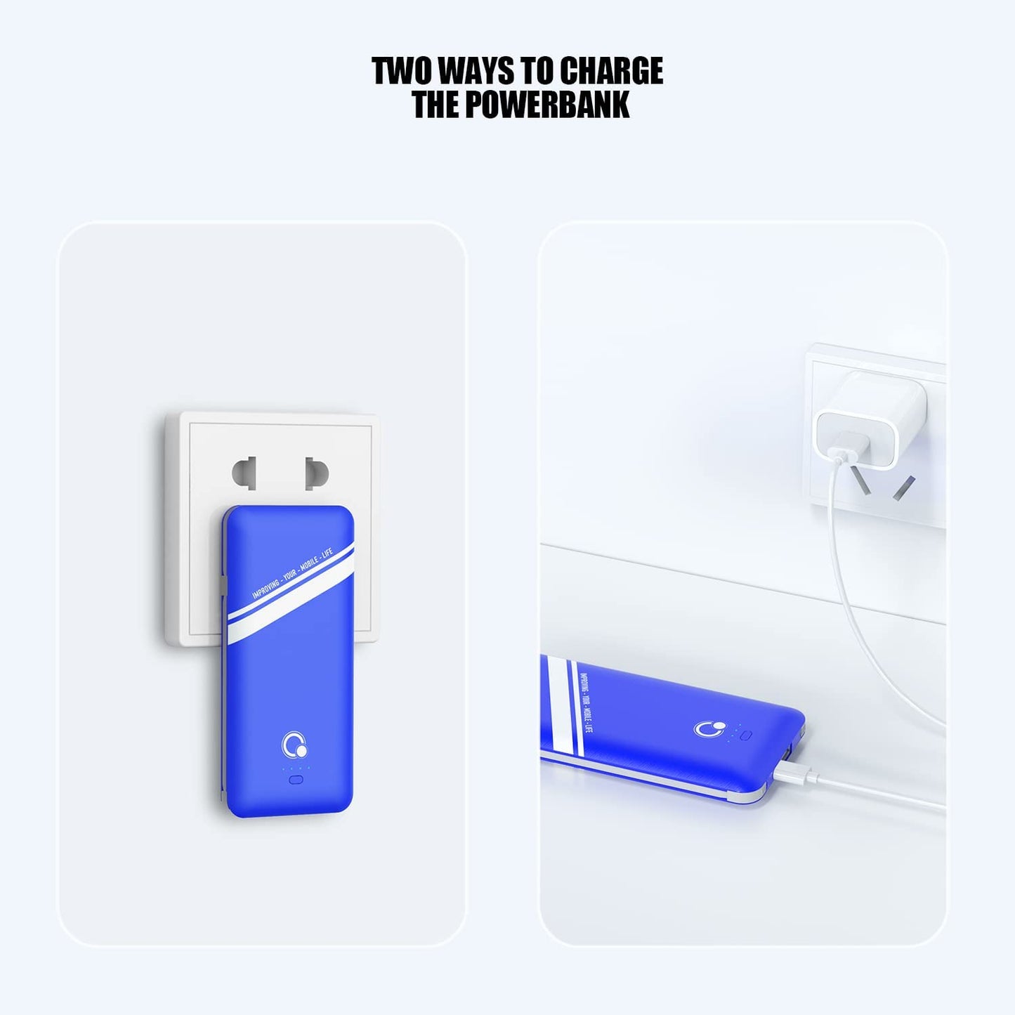 10000mAh Power Bank, Q Slim Phone Portable Charger,4 Output External Battery Pack for Travel with Built-in AC Wall Plug USB C Three Cables Compatible with iPhone All Kinds of Mobilephone (Blue)